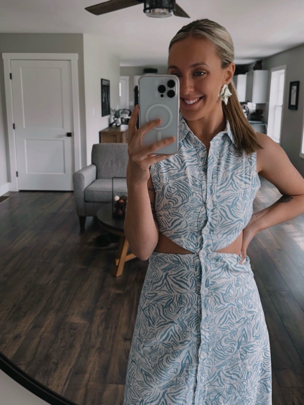 Sleeveless Blue & White Front Button Dress with cutouts